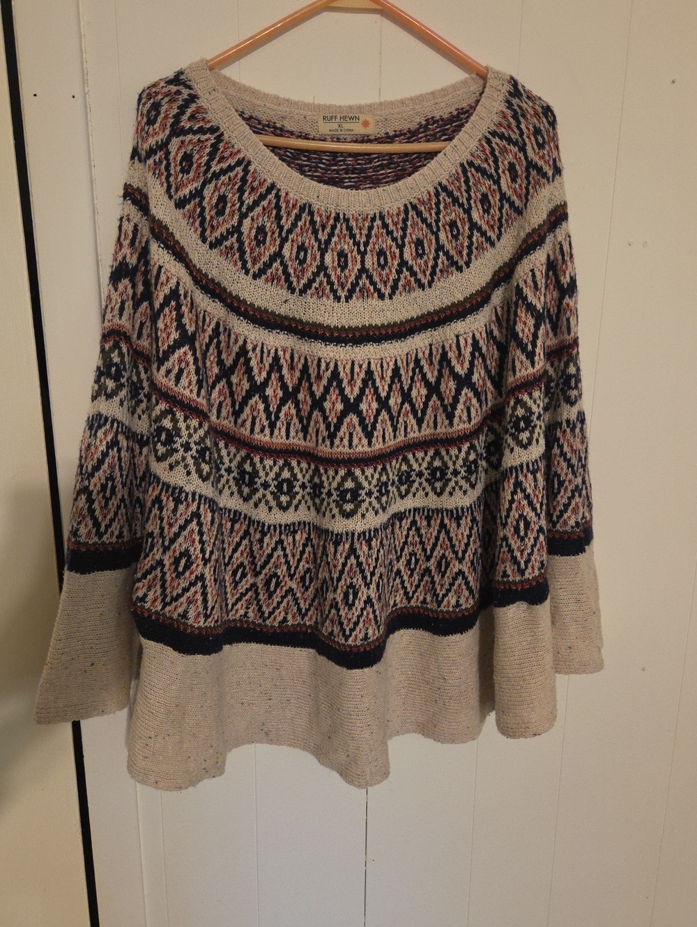 Ruff Hewn Cream Fair Isle Crewneck Sweater with Navy and Rust Accents
